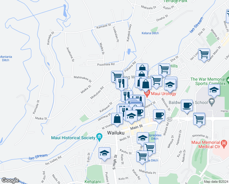 map of restaurants, bars, coffee shops, grocery stores, and more near 2034 Kahawai Street in Wailuku
