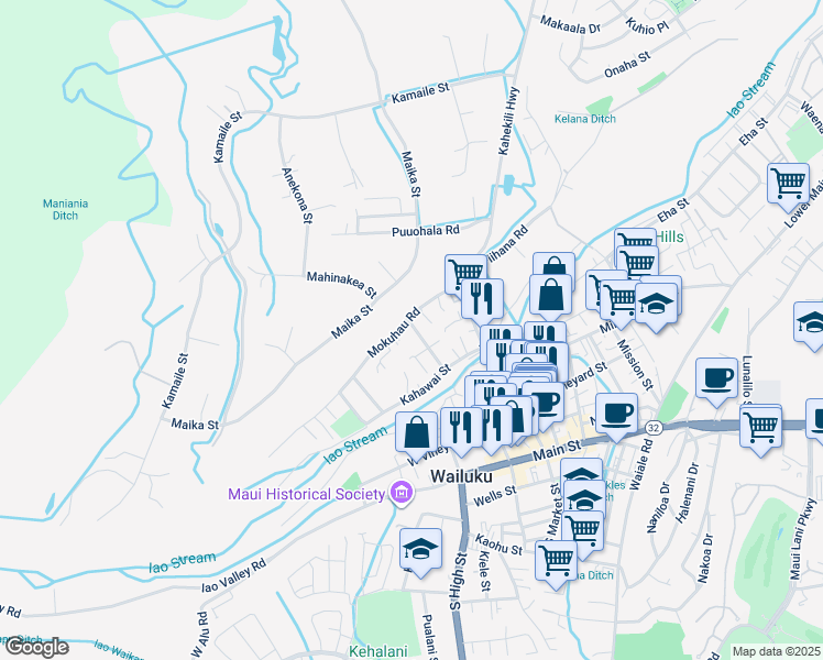 map of restaurants, bars, coffee shops, grocery stores, and more near 335 Makua Street in Wailuku
