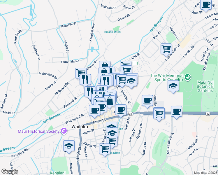 map of restaurants, bars, coffee shops, grocery stores, and more near 1773 Wili Pa Loop in Wailuku