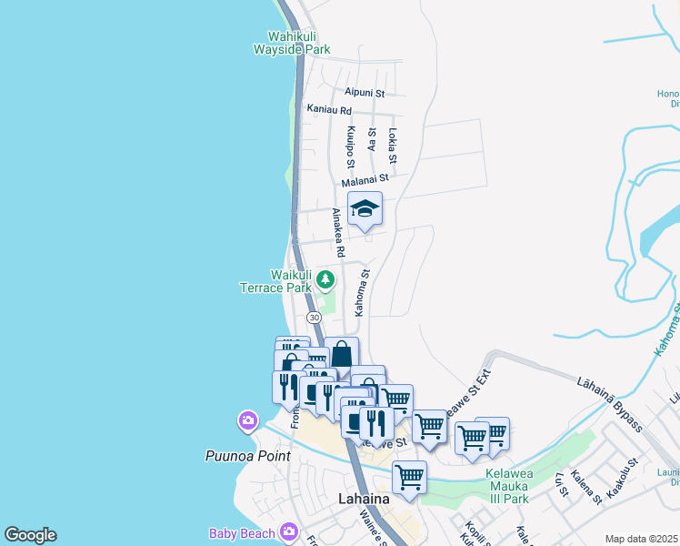 map of restaurants, bars, coffee shops, grocery stores, and more near 1401 Ainakea Road in Lahaina