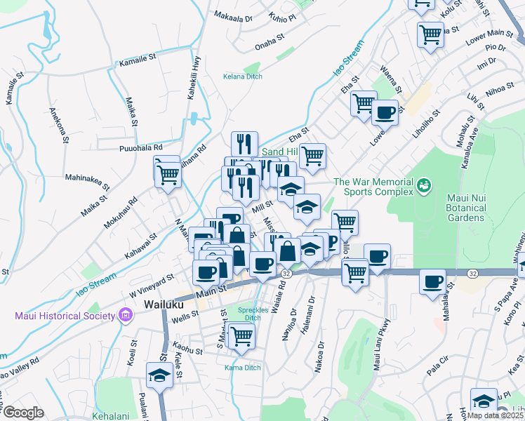 map of restaurants, bars, coffee shops, grocery stores, and more near 144 Kaniela Street in Wailuku