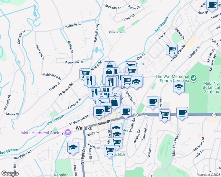 map of restaurants, bars, coffee shops, grocery stores, and more near 1787 Wili Pa Loop in Wailuku