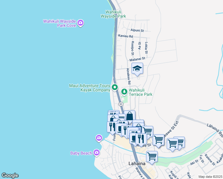 map of restaurants, bars, coffee shops, grocery stores, and more near 1429 Front Street in Lahaina