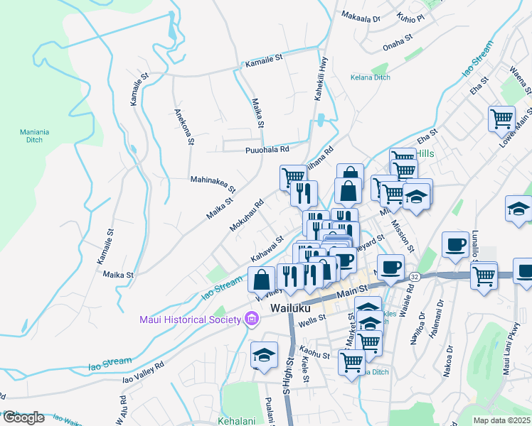 map of restaurants, bars, coffee shops, grocery stores, and more near 320 Makua Street in Wailuku