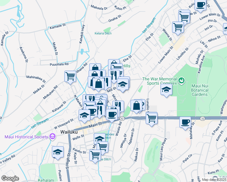 map of restaurants, bars, coffee shops, grocery stores, and more near 1720 East Vineyard Street in Wailuku