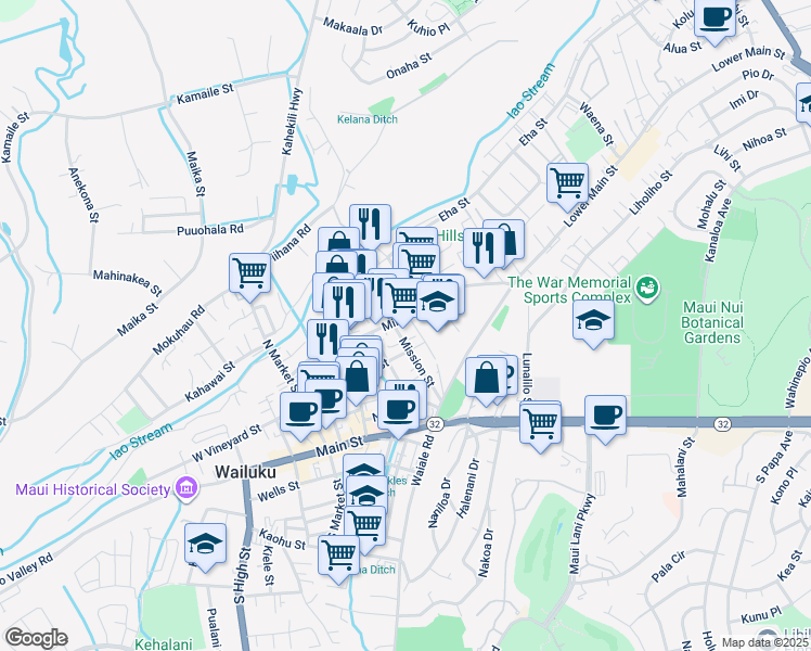 map of restaurants, bars, coffee shops, grocery stores, and more near 1720 East Vineyard Street in Wailuku