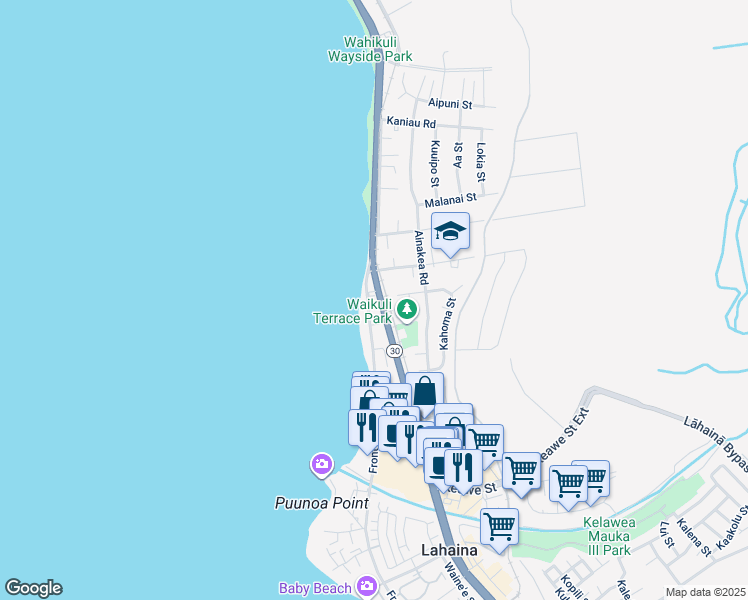 map of restaurants, bars, coffee shops, grocery stores, and more near 1429 Front Street in Lahaina