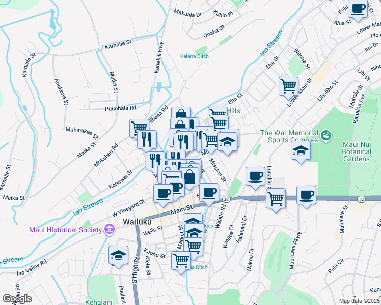 map of restaurants, bars, coffee shops, grocery stores, and more near 1765 Wili Pa Loop in Wailuku