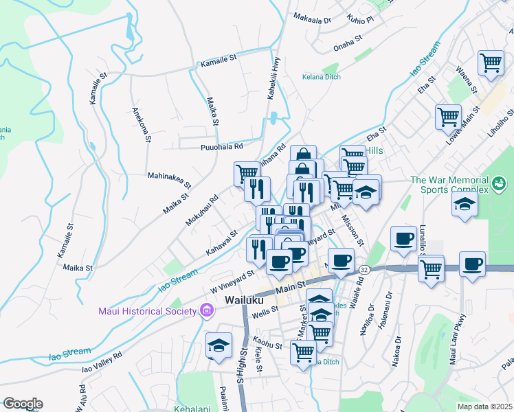 map of restaurants, bars, coffee shops, grocery stores, and more near 318 North Market Street in Wailuku