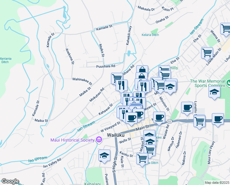map of restaurants, bars, coffee shops, grocery stores, and more near 2041 Ulei Place in Wailuku