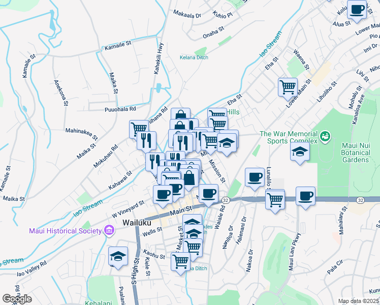 map of restaurants, bars, coffee shops, grocery stores, and more near 1765 Wili Pa Loop in Wailuku