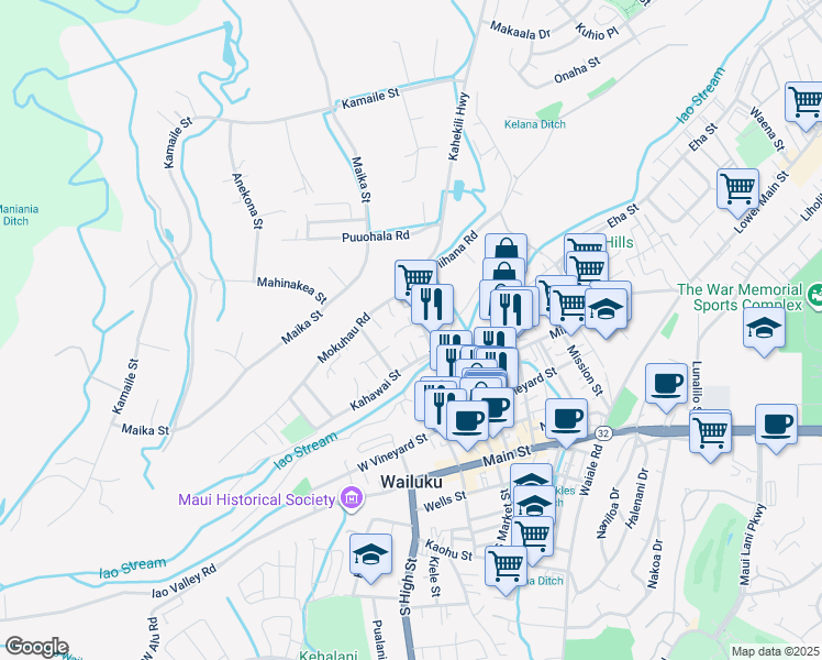 map of restaurants, bars, coffee shops, grocery stores, and more near 2041 Ulei Place in Wailuku