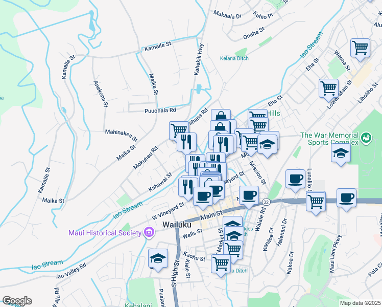 map of restaurants, bars, coffee shops, grocery stores, and more near 326 Alahee Drive in Wailuku