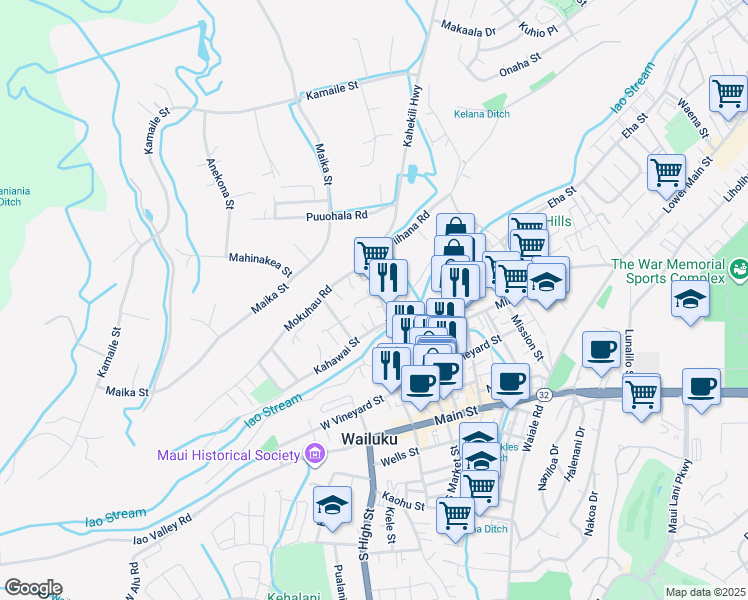 map of restaurants, bars, coffee shops, grocery stores, and more near 318 North Market Street in Wailuku