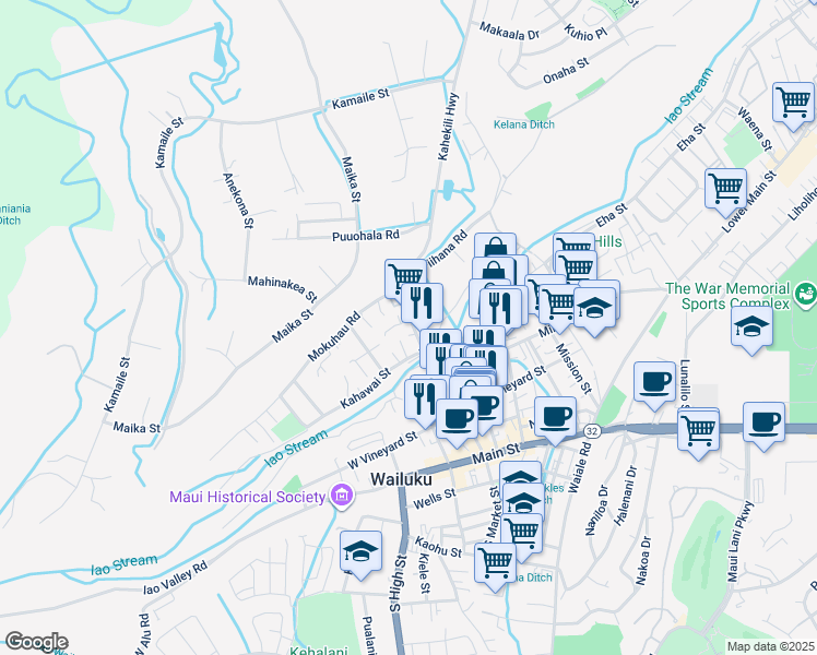 map of restaurants, bars, coffee shops, grocery stores, and more near 318 North Market Street in Wailuku