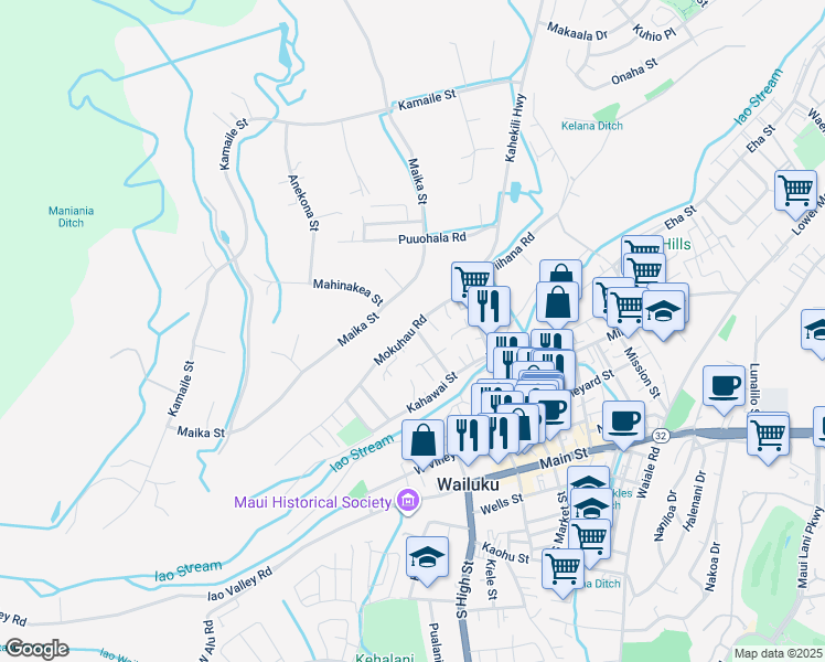 map of restaurants, bars, coffee shops, grocery stores, and more near 2081 Mokuhau Road in Wailuku