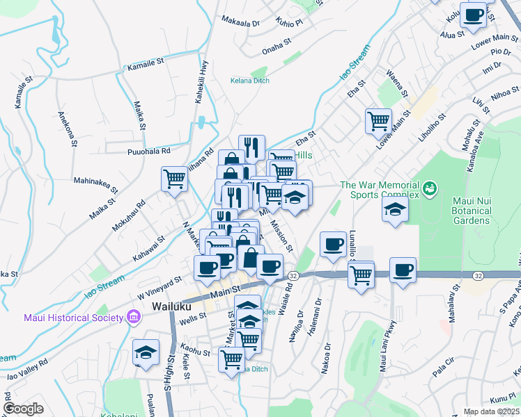 map of restaurants, bars, coffee shops, grocery stores, and more near 144 Kaniela Street in Wailuku