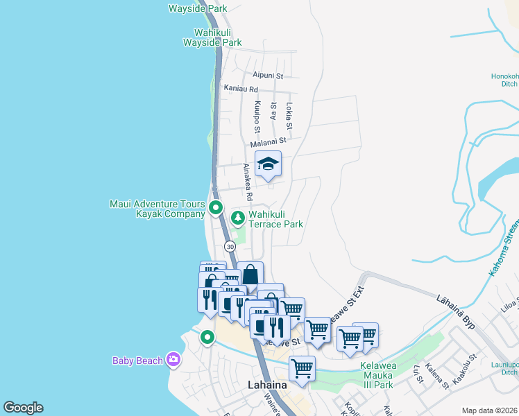 map of restaurants, bars, coffee shops, grocery stores, and more near 1388 Ainakea Road in Lahaina