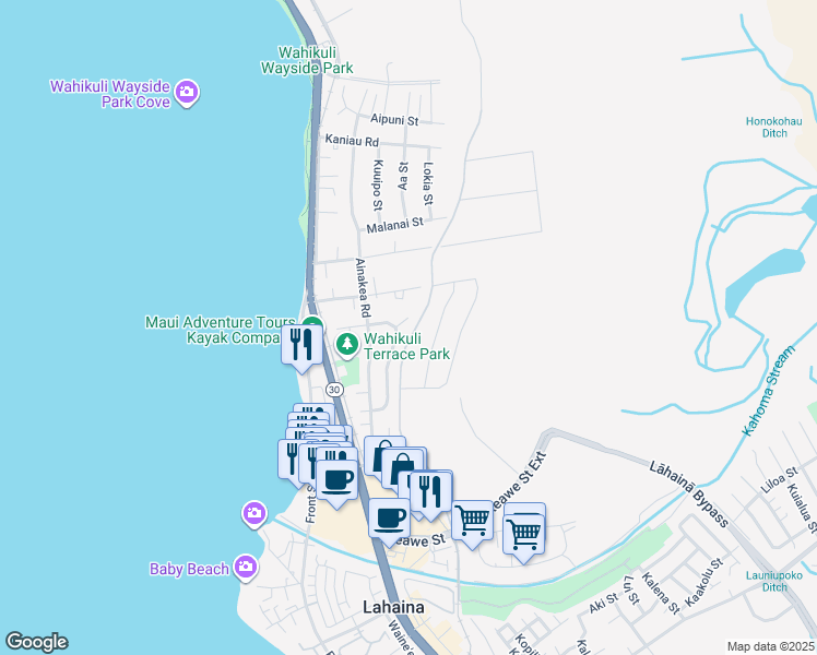 map of restaurants, bars, coffee shops, grocery stores, and more near 204 Akeke Place in Lahaina