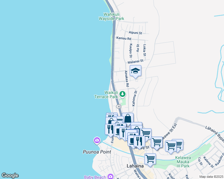 map of restaurants, bars, coffee shops, grocery stores, and more near 1429 Front Street in Lahaina
