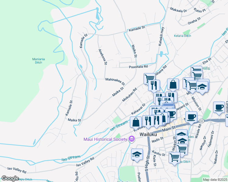 map of restaurants, bars, coffee shops, grocery stores, and more near 321 Maika Street in Wailuku