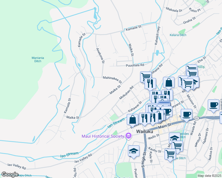 map of restaurants, bars, coffee shops, grocery stores, and more near 321 Maika Street in Wailuku