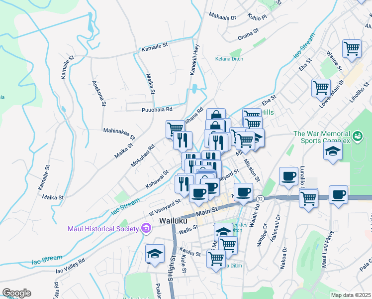 map of restaurants, bars, coffee shops, grocery stores, and more near 330 Alahee Drive in Wailuku