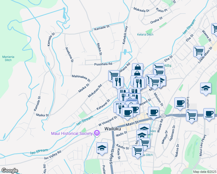 map of restaurants, bars, coffee shops, grocery stores, and more near 130 Loi Pohaku Place in Wailuku