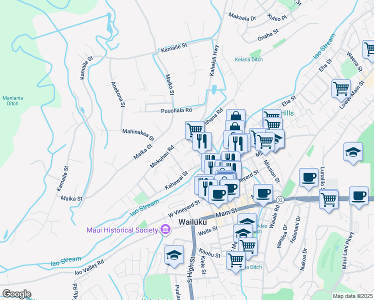 map of restaurants, bars, coffee shops, grocery stores, and more near 129 Loi Pohaku Place in Wailuku