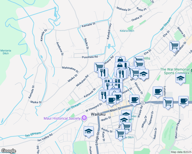 map of restaurants, bars, coffee shops, grocery stores, and more near 125 Loi Pohaku Place in Wailuku