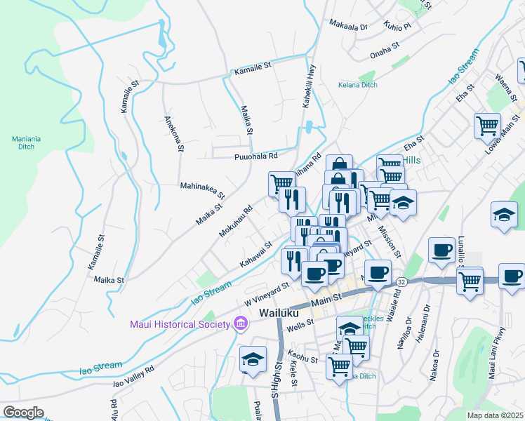 map of restaurants, bars, coffee shops, grocery stores, and more near 118 Loi Pohaku Place in Wailuku