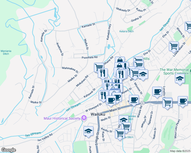 map of restaurants, bars, coffee shops, grocery stores, and more near 122 Loi Pohaku Place in Wailuku