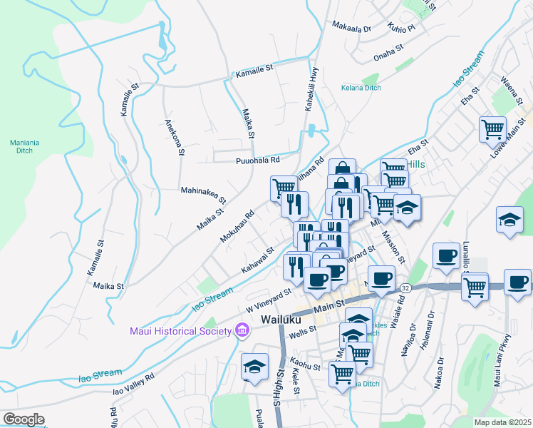 map of restaurants, bars, coffee shops, grocery stores, and more near 118 Loi Pohaku Place in Wailuku