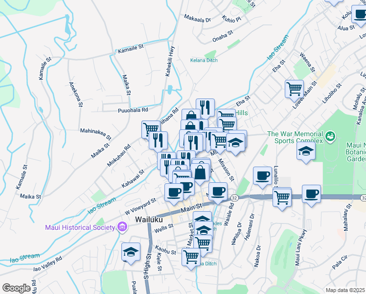 map of restaurants, bars, coffee shops, grocery stores, and more near 1809 Wili Pa Loop in Wailuku