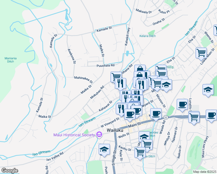 map of restaurants, bars, coffee shops, grocery stores, and more near 114 Loi Pohaku Place in Wailuku