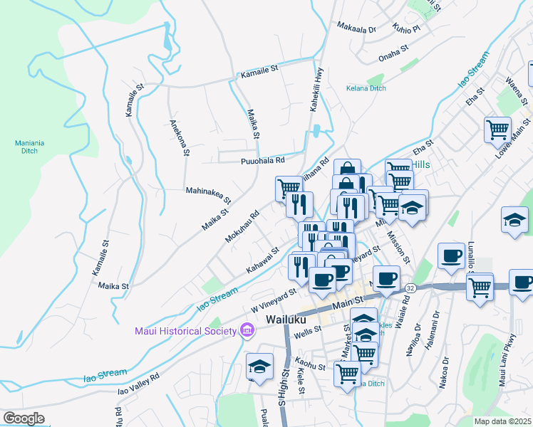 map of restaurants, bars, coffee shops, grocery stores, and more near 2047 Mokuhau Road in Wailuku