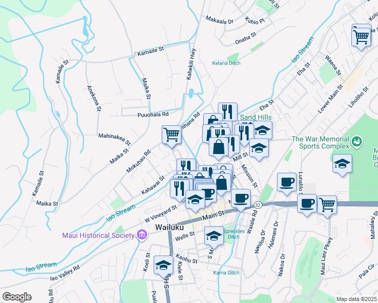 map of restaurants, bars, coffee shops, grocery stores, and more near 344 Lani Place in Wailuku