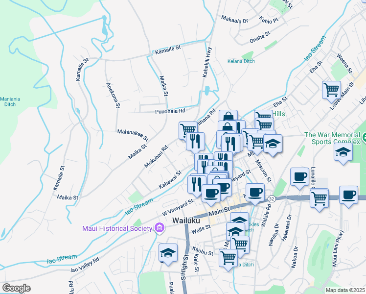 map of restaurants, bars, coffee shops, grocery stores, and more near 117 Loi Pohaku Place in Wailuku