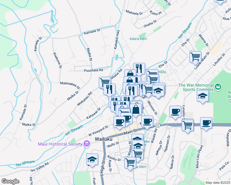 map of restaurants, bars, coffee shops, grocery stores, and more near 344 Lani Place in Wailuku