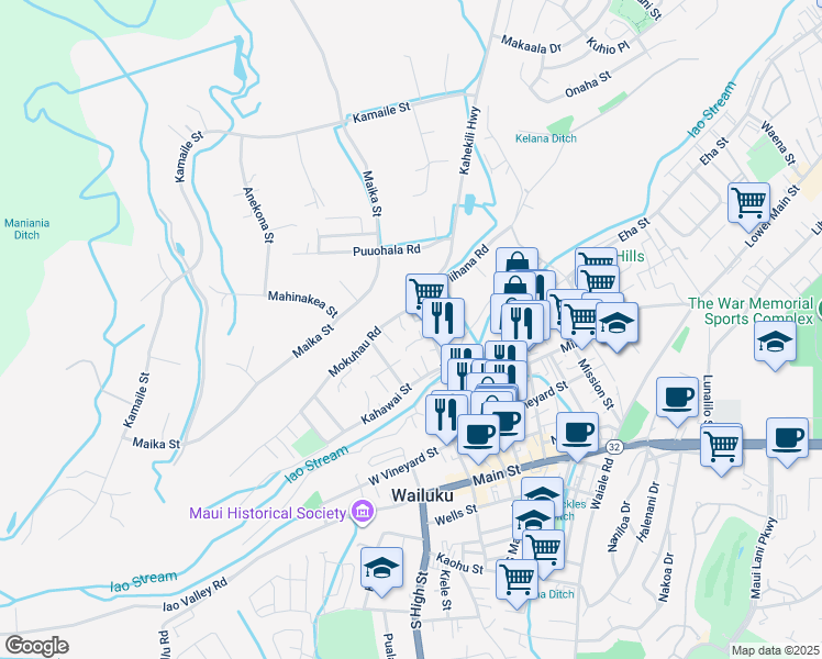 map of restaurants, bars, coffee shops, grocery stores, and more near 114 Loi Pohaku Place in Wailuku