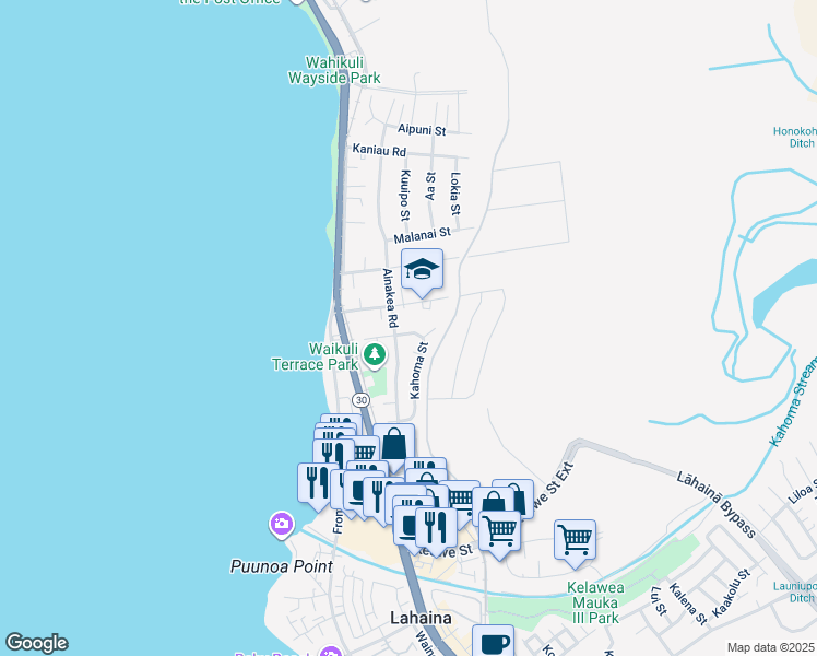 map of restaurants, bars, coffee shops, grocery stores, and more near 1430 Kahoma Street in Lahaina
