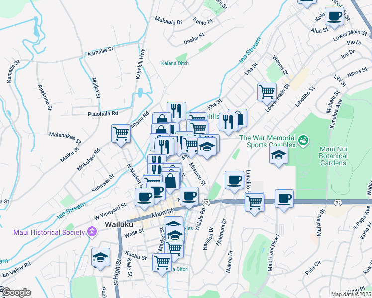 map of restaurants, bars, coffee shops, grocery stores, and more near 1721 Wili Pa Loop in Wailuku