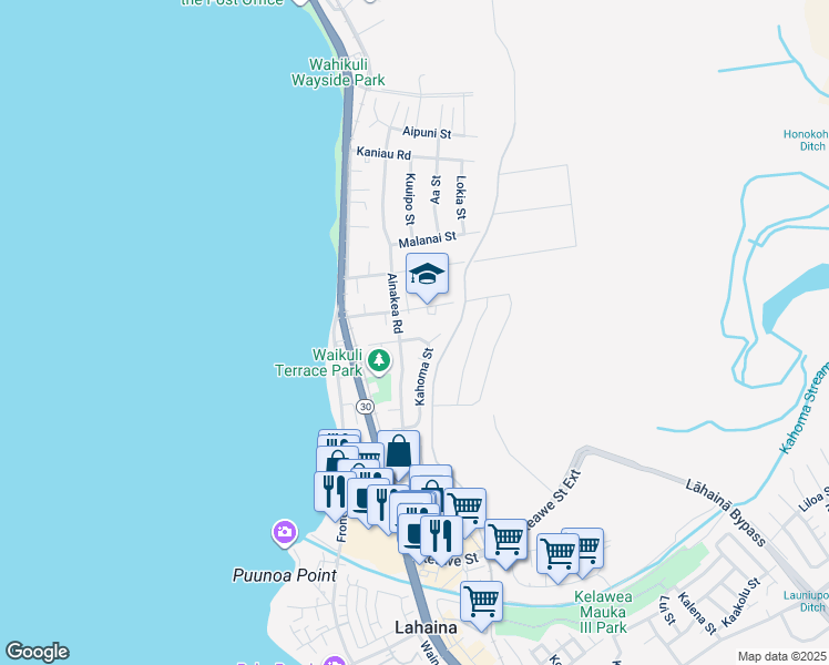 map of restaurants, bars, coffee shops, grocery stores, and more near 1430 Kahoma Street in Lahaina