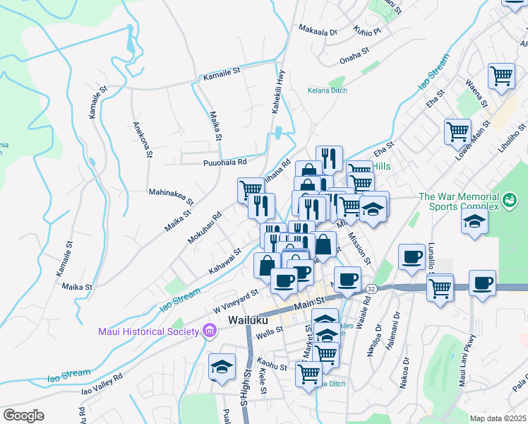 map of restaurants, bars, coffee shops, grocery stores, and more near 346 Alahee Drive in Wailuku