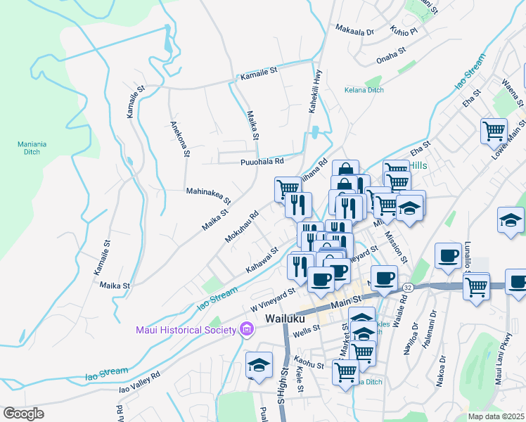 map of restaurants, bars, coffee shops, grocery stores, and more near 2047 Mokuhau Road in Wailuku
