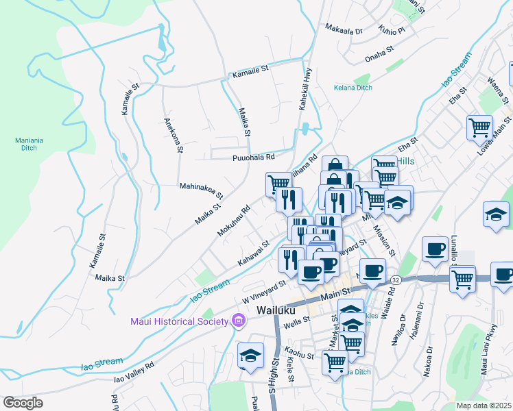 map of restaurants, bars, coffee shops, grocery stores, and more near 2047 Mokuhau Road in Wailuku