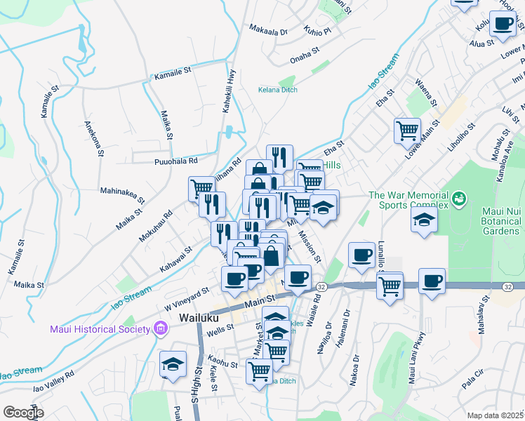 map of restaurants, bars, coffee shops, grocery stores, and more near 1826 Wili Pa Loop in Wailuku