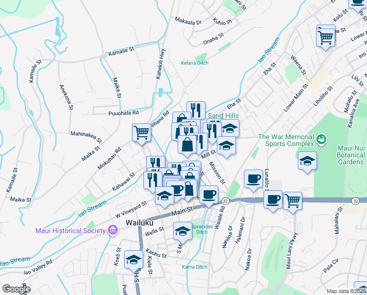map of restaurants, bars, coffee shops, grocery stores, and more near 1826 Wili Pa Loop in Wailuku