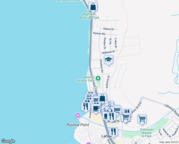 map of restaurants, bars, coffee shops, grocery stores, and more near 1450 Front Street in Lahaina