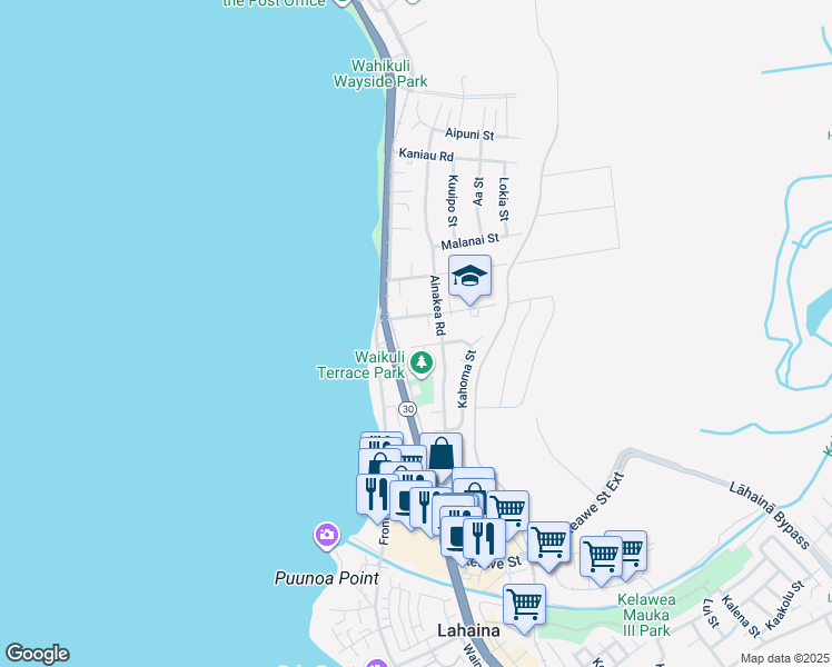 map of restaurants, bars, coffee shops, grocery stores, and more near 120A Fleming Road in Lahaina